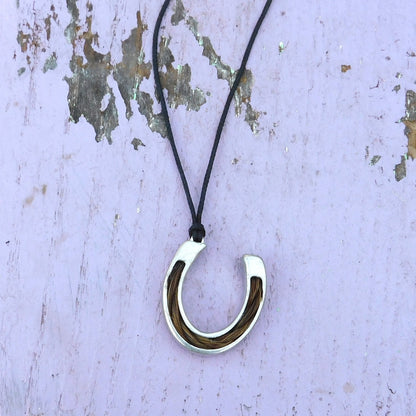 Horse Hair Horseshoe Pendant Necklace, Personalised Keepsake Jewellery, Handcast Pewter with Cord or Chain Option