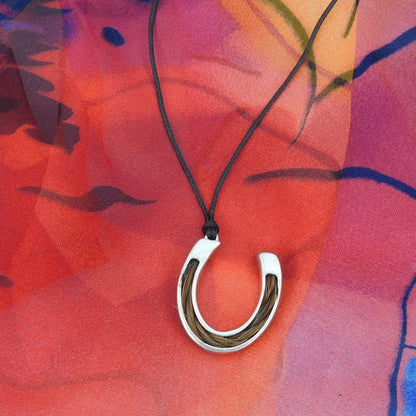 Horse Hair Horseshoe Pendant Necklace, Personalised Keepsake Jewellery, Handcast Pewter with Cord or Chain Option