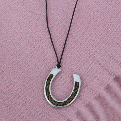 Horse Hair Horseshoe Pendant Necklace, Personalised Keepsake Jewellery, Handcast Pewter with Cord or Chain Option