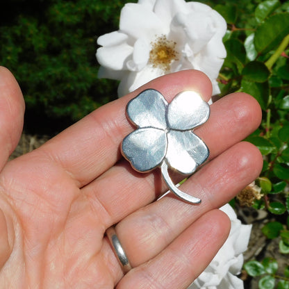 Clover Brooch, Handcast Pewter, Polished Finish