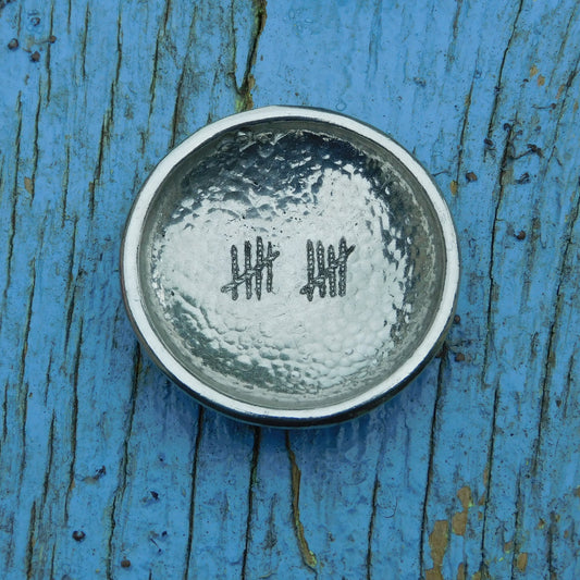 10th Anniversary Ring Bowl, with Tally showing 10 Years. Handmade in Fine Pewter by William Sturt.