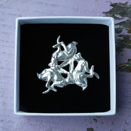 Three Hares Brooch (Anticlockwise), Handcast Pewter, Polished Finish