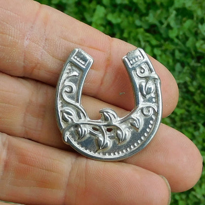 Horseshoe Brooch (Forget-Me-Not Design), Handcast Pewter Brooch, Polished Finish