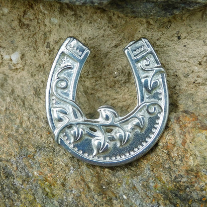 Horseshoe Brooch (Forget-Me-Not Design), Handcast Pewter Brooch, Polished Finish