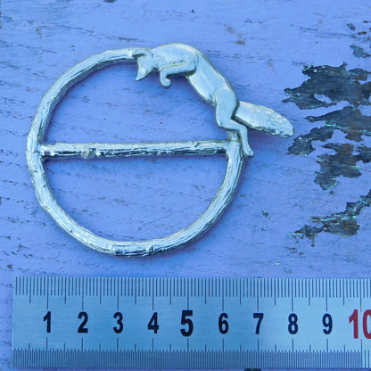 Leaping Fox Scarf Ring, Oak Twig Circle, Handcast Pewter, Polished Finish