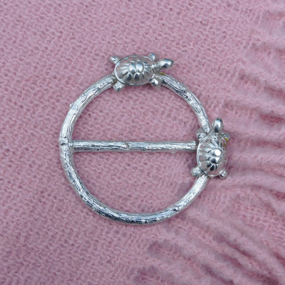 Two Tortoises Scarf Ring, Oak Twig Circle, Handcast Pewter, Polished Finish