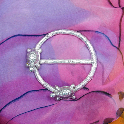 Two Tortoises Scarf Ring, Oak Twig Circle, Handcast Pewter, Polished Finish