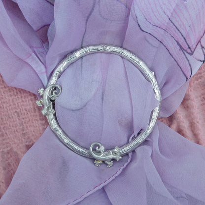 Two Lizard Scarf Ring, Oak Twig Circle, Handcast Pewter, Polished Finish