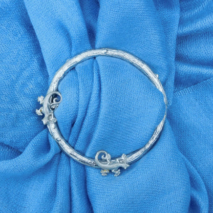 Two Lizard Scarf Ring, Oak Twig Circle, Handcast Pewter, Polished Finish
