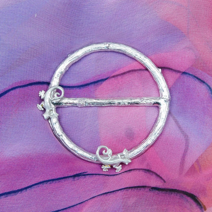Two Lizard Scarf Ring, Oak Twig Circle, Handcast Pewter, Polished Finish