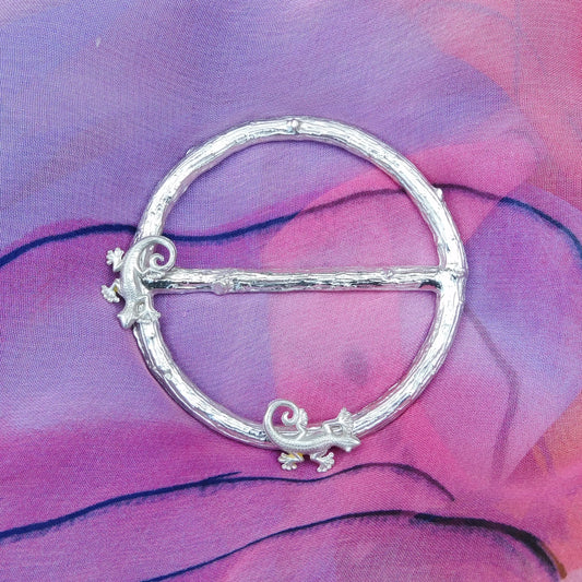 Two Lizard Scarf Ring, Oak Twig Circle, Handcast Pewter, Polished Finish