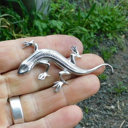 Lizard Brooch, Handcast Pewter, Polished Finish