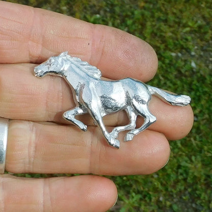 Galloping Horse Brooch, Handcast Pewter, Polished Finish
