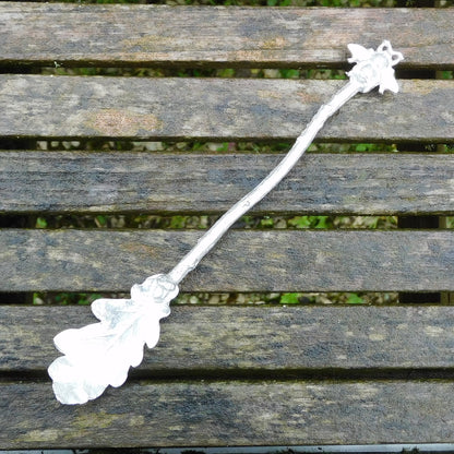 Handcrafted Solid Pewter Jam Spoon with Oak Leaf Bowl and Bee, 15cm