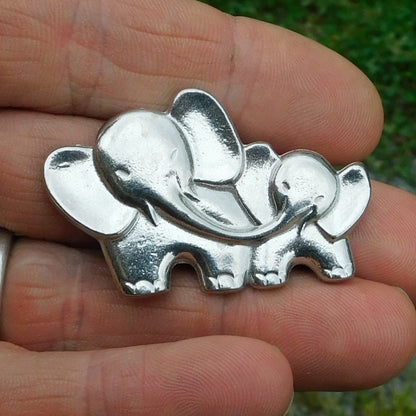 Elephant Brooch (Mother and Baby), Handcast Pewter, Polished Finish