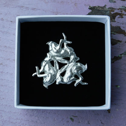 Three Hares Brooch (Clockwise), Handcast Pewter, Polished Finish