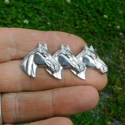 Three Horse Heads Brooch, Handcast Pewter, Polished Finish