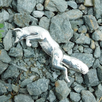 Leaping Fox Brooch, Handcast Pewter, Polished Finish