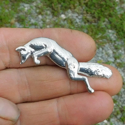 Leaping Fox Brooch, Handcast Pewter, Polished Finish