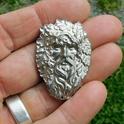 Green Man Brooch, Handcast Pewter Brooch, Polished Finish