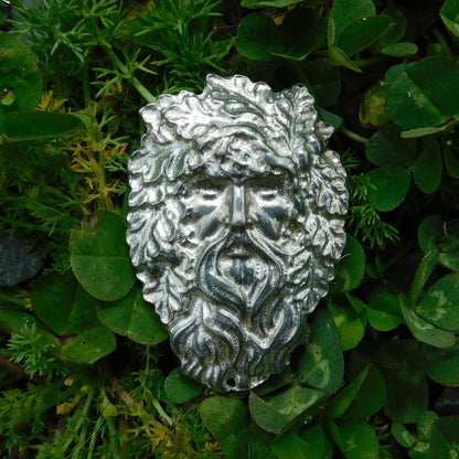 Green Man Brooch, Handcast Pewter Brooch, Polished Finish