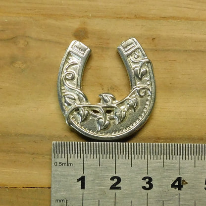 Horseshoe Brooch (Forget-Me-Not Design), Handcast Pewter Brooch, Polished Finish