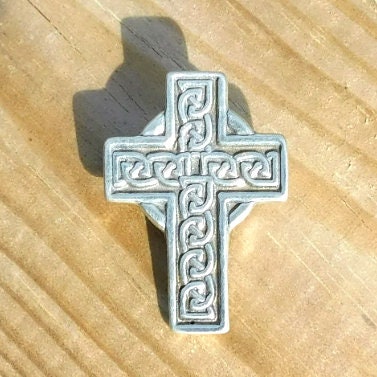 Celtic Cross Brooch (Engraved Knotwork Smaller), Handcast Pewter, Polished Finish