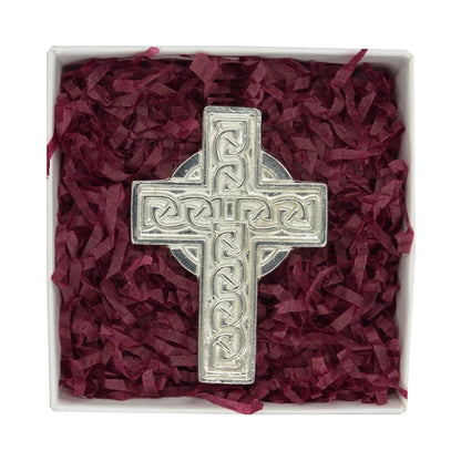 Celtic Cross Brooch (Engraved Knotwork Smaller), Handcast Pewter, Polished Finish