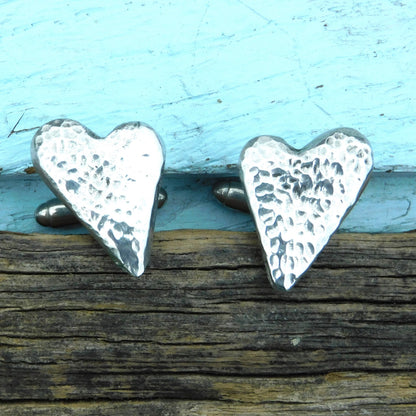 Hammered Heart Cufflinks (Large Design), Handcast Pewter Cufflinks, Polished Finish