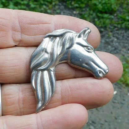 Horse Head Brooch, Handcast Pewter, Polished Finish
