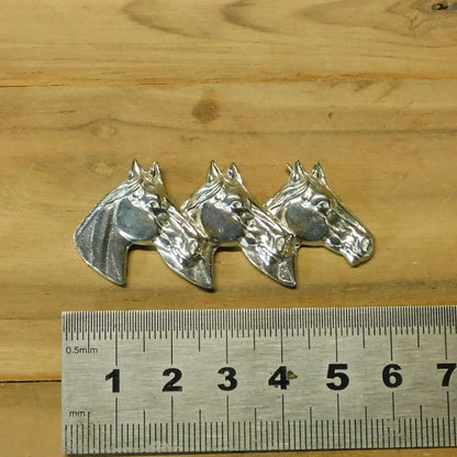 Three Horse Heads Brooch, Handcast Pewter, Polished Finish