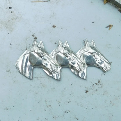 Three Horse Heads Brooch, Handcast Pewter, Polished Finish