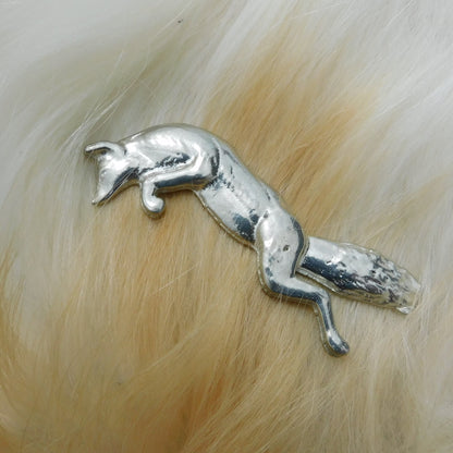 Leaping Fox Brooch, Handcast Pewter, Polished Finish