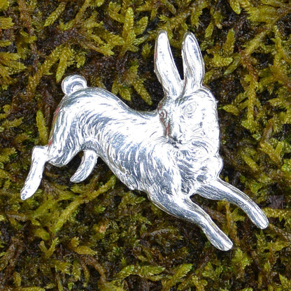 Hare Brooch (Joyful Hare), Handcast Pewter, Polished Finish