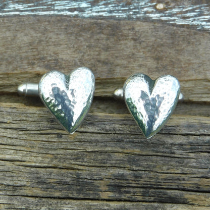 Hammered Heart Cufflinks (Small Design), Handcast Pewter Cufflinks, Polished Finish