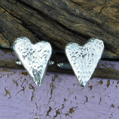 Hammered Heart Cufflinks (Large Design), Handcast Pewter Cufflinks, Polished Finish