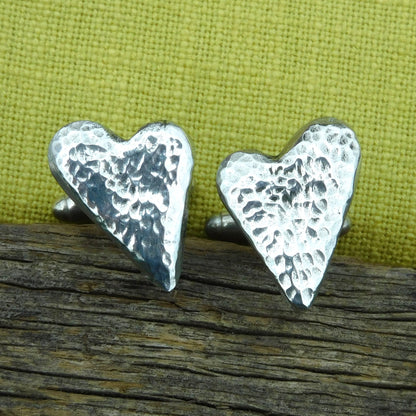 Hammered Heart Cufflinks (Large Design), Handcast Pewter Cufflinks, Polished Finish