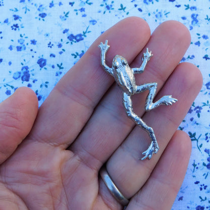 Frog Brooch (Climbing Frog Smaller), Handcast Pewter Brooch, Polished Finish