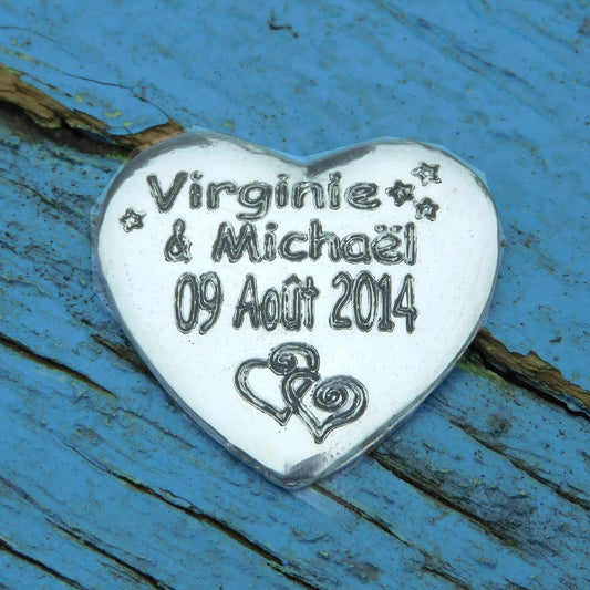 Personalised  Heart Token, Any Two Names with a Date, Handmade in Finest Pewter, by William Sturt.