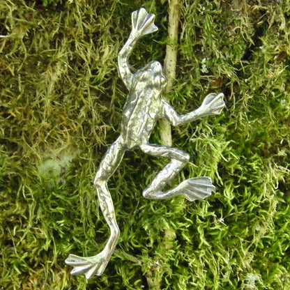 Frog Brooch (Climbing Frog), Handcast Pewter Brooch, Polished Finish