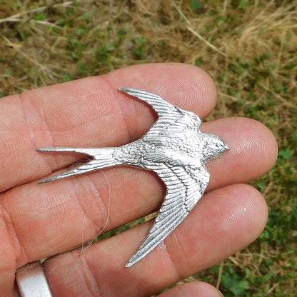 Swallow Brooch, Handcast Pewter, Polished Finish