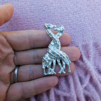 Giraffe Brooch (Entwined Necks), Handcast Pewter Brooch, Polished Finish