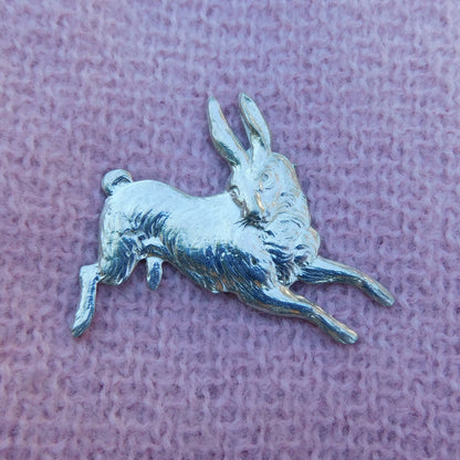 Hare Brooch (Joyful Hare), Handcast Pewter, Polished Finish