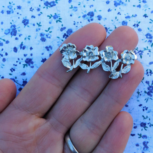 Forget-Me-Not Brooch (Four Flowers Design), Handcast Pewter Brooch, Polished Finish