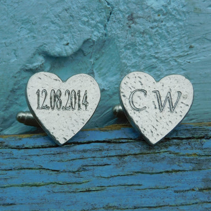 Personalised Heart Cufflinks (Hammered Design), Handcast Pewter Cufflinks, Polished Finish