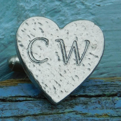Personalised Heart Cufflinks (Hammered Design), Handcast Pewter Cufflinks, Polished Finish