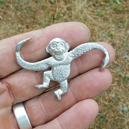 Monkey Brooch, Handcast Pewter, Polished Finish