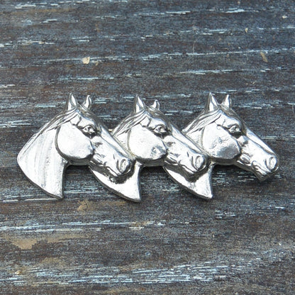 Three Horse Heads Brooch, Handcast Pewter, Polished Finish