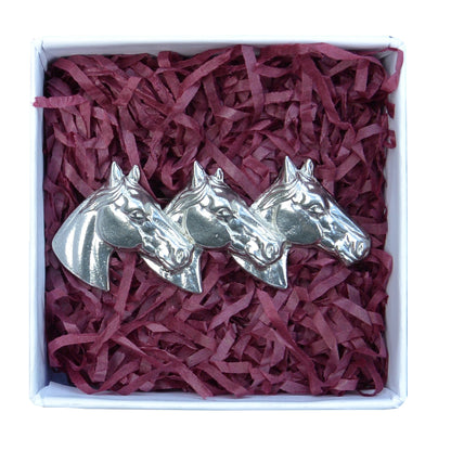 Three Horse Heads Brooch, Handcast Pewter, Polished Finish