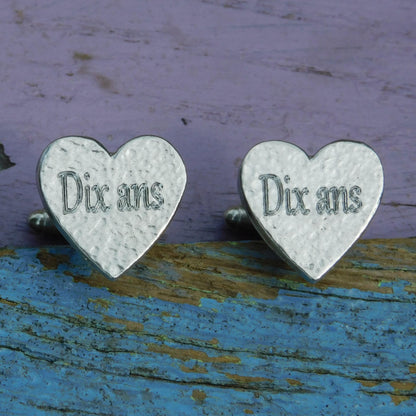 Hammered Heart Cufflinks (Personalised), Handcast Pewter Cufflinks, Polished Finish